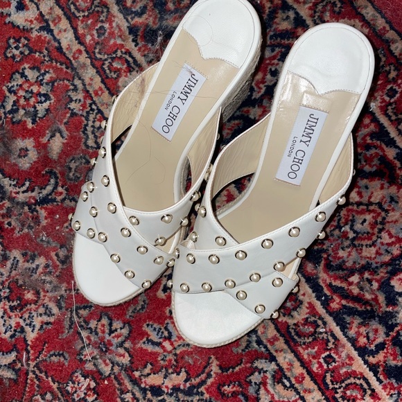 White and tan Jimmy choo once worn faux pearl wedge heels - Picture 2 of 6